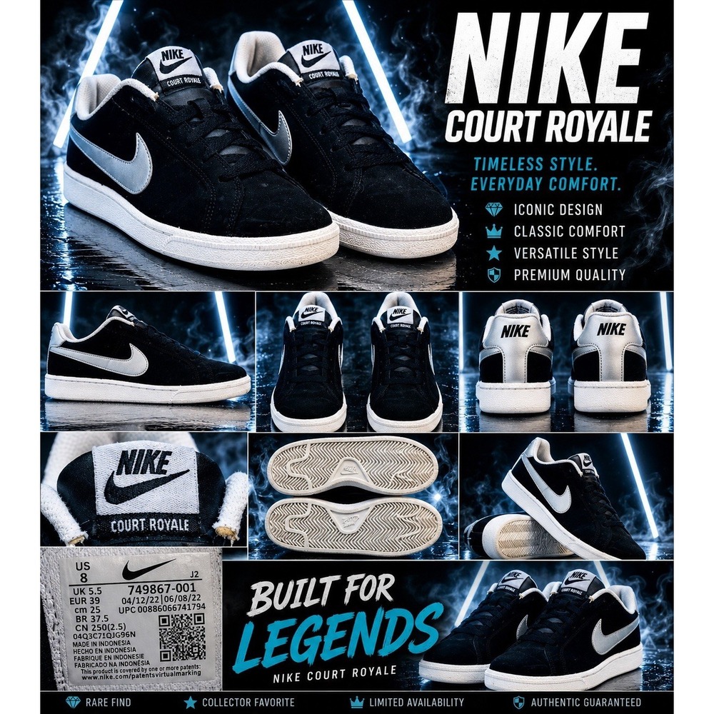 Size 8 - Nike Court Royale Black Metallic Silver W